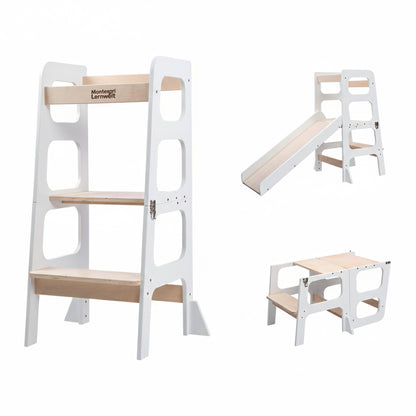 Produktdetails des Montessori Lernturms 3-in-1 in Schwarz und Naturholz