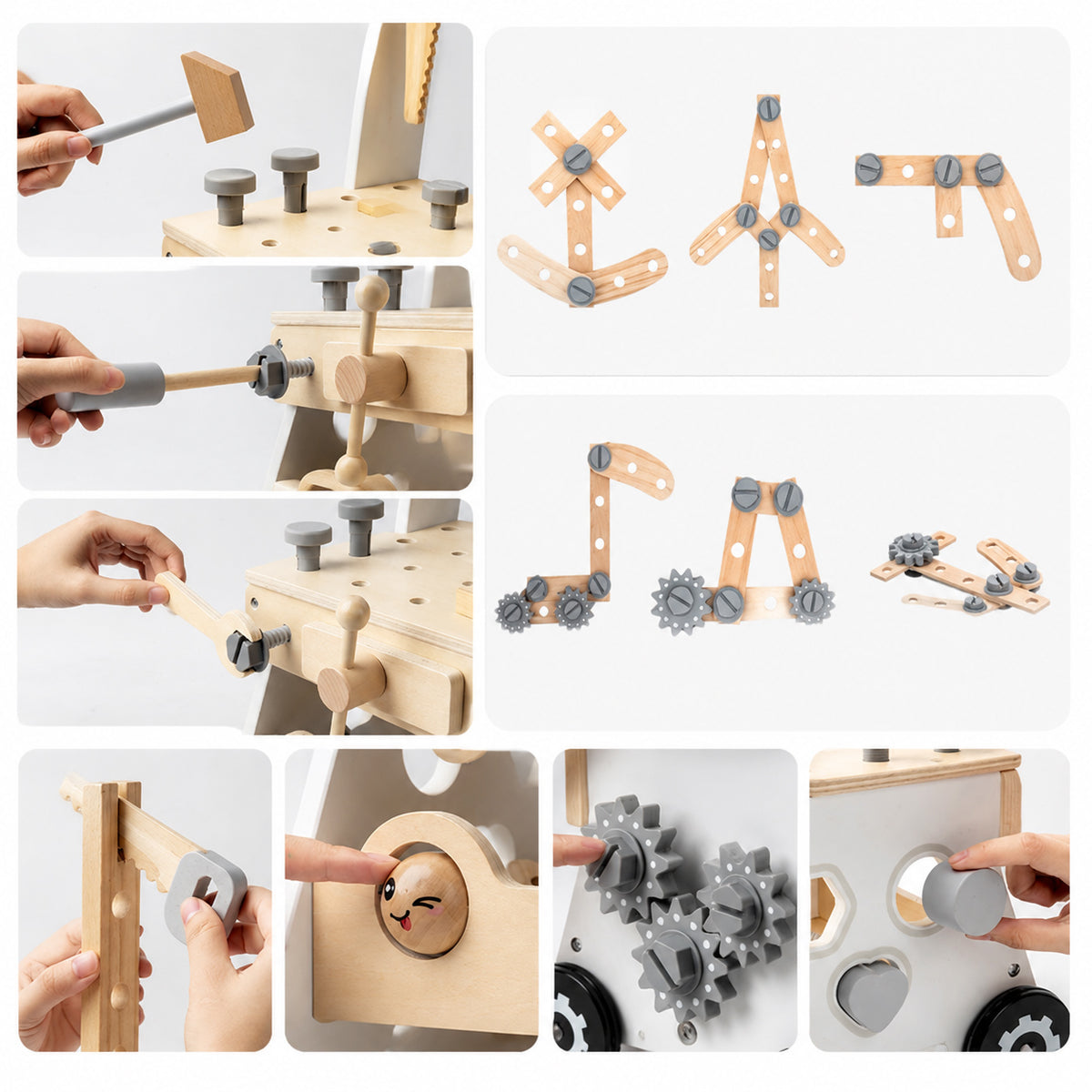 Montessori Werkbank Lauflernwagen mit Größenangaben und enthaltenem Zubehör