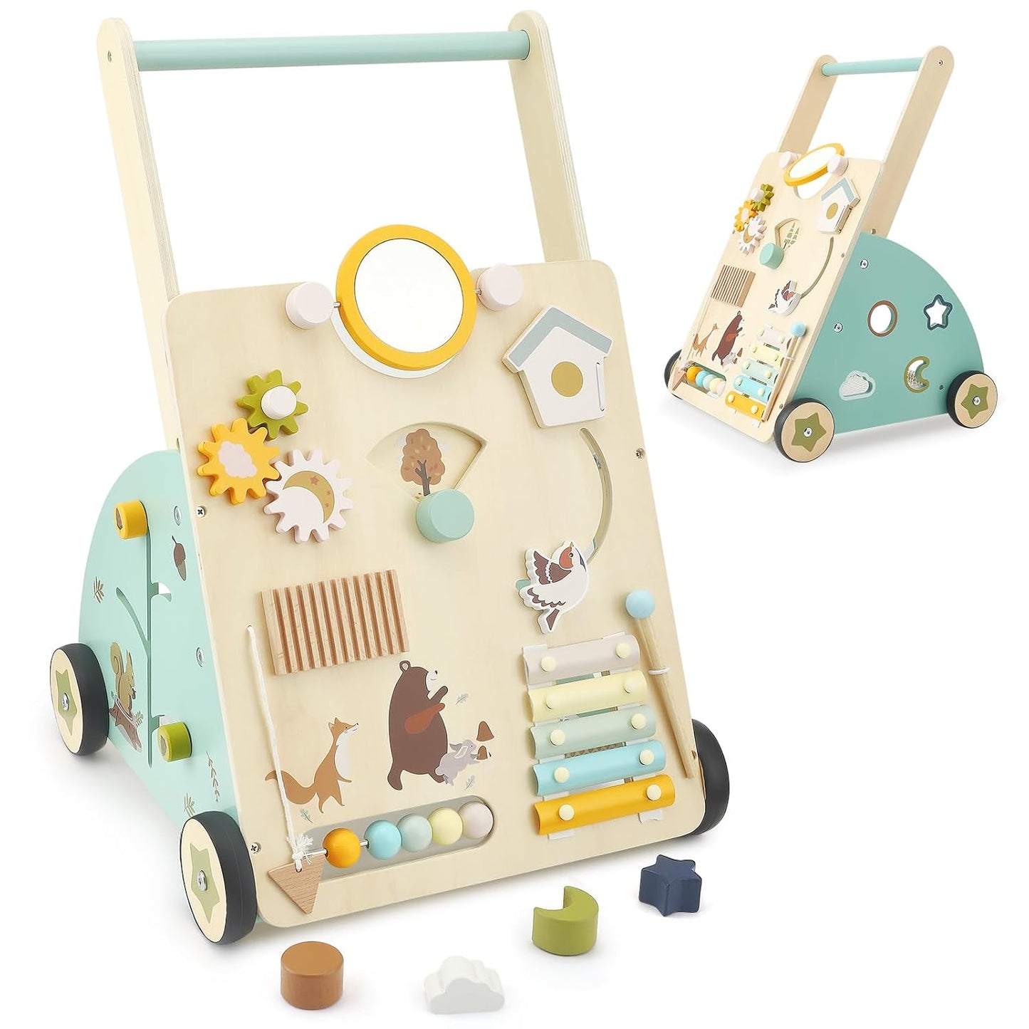Chariot à pousser Montessori en bois – jouet 6-en-1 avec éléments de jeu