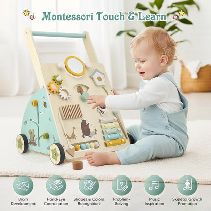 Chariot à pousser Montessori en bois – jouet 6-en-1 avec éléments de jeu