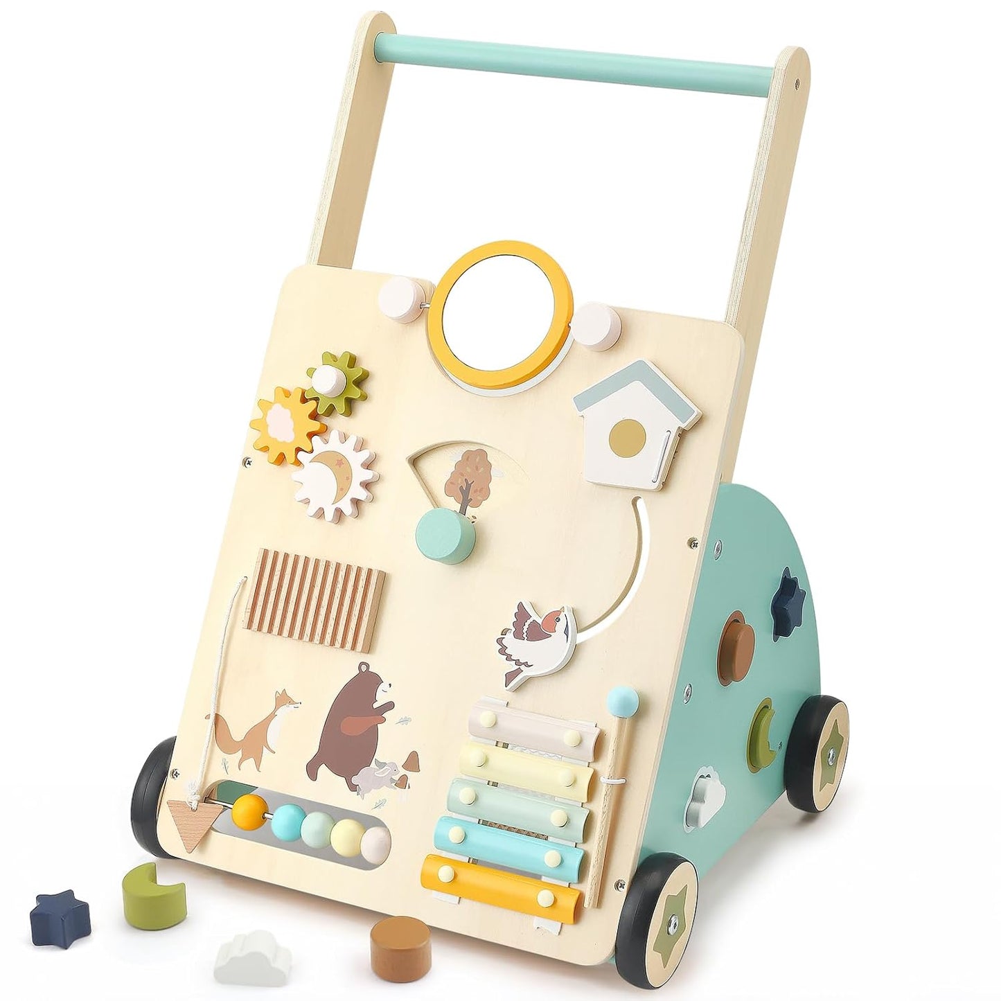 Chariot à pousser Montessori en bois – jouet 6-en-1 avec éléments de jeu
