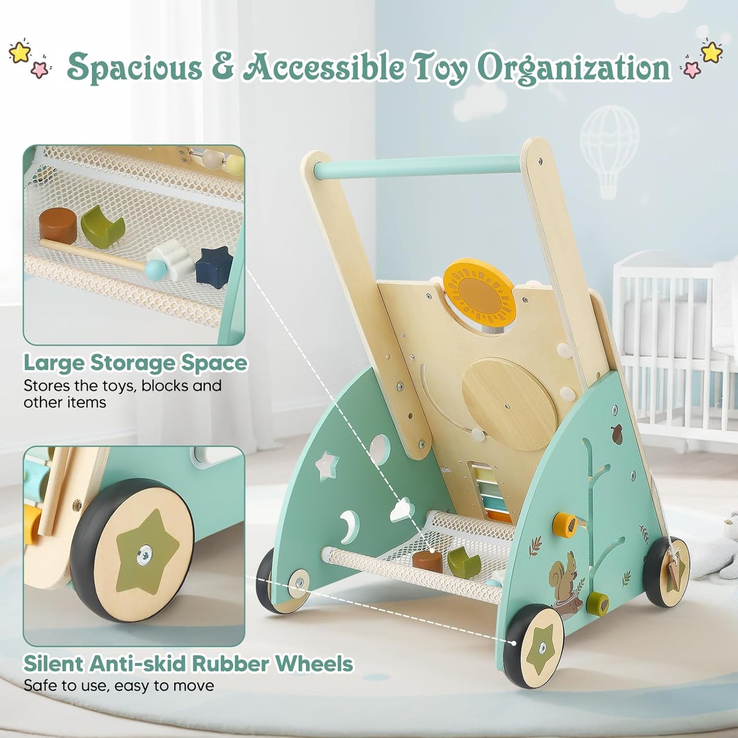 Chariot à pousser Montessori en bois – jouet 6-en-1 avec éléments de jeu