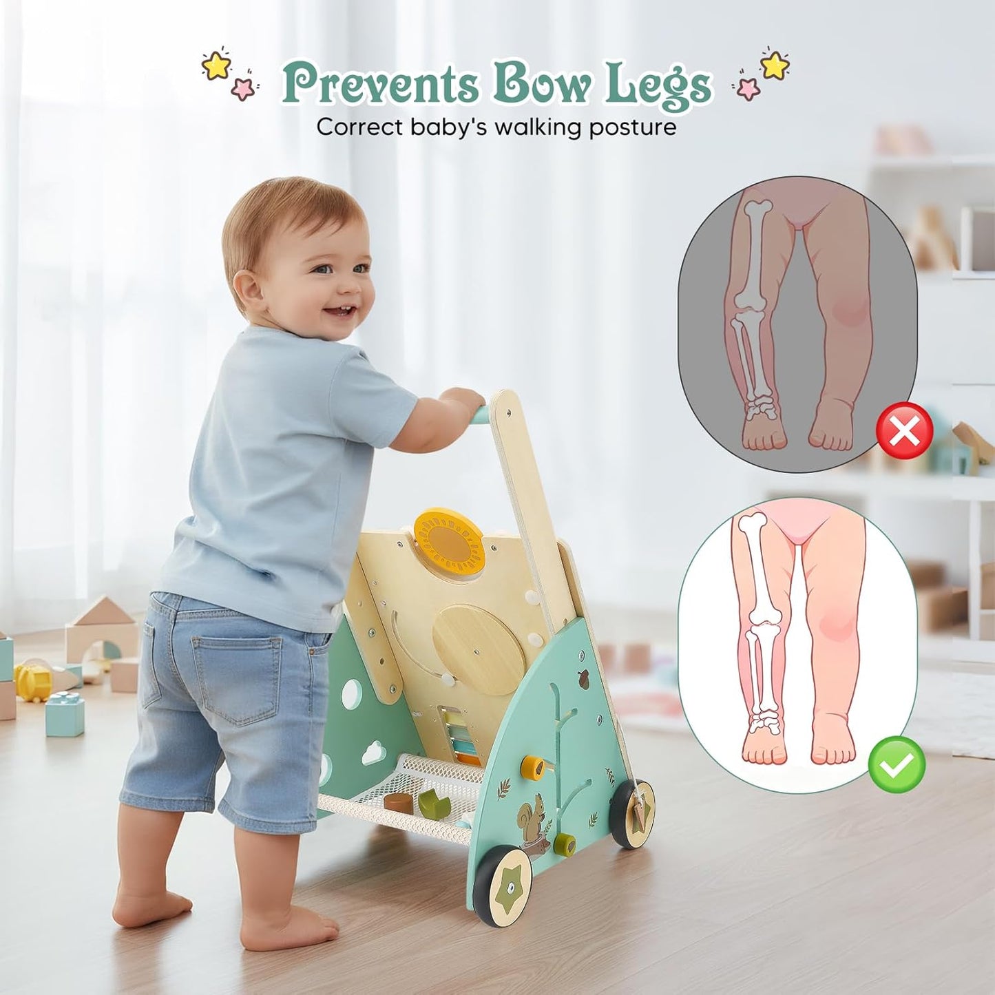 Chariot à pousser Montessori en bois – jouet 6-en-1 avec éléments de jeu