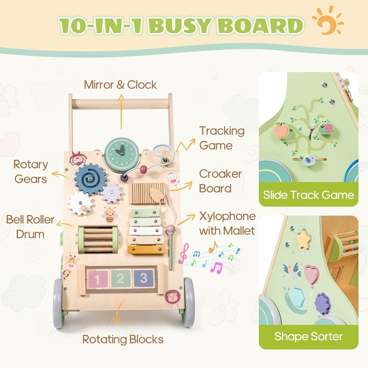 Chariot à pousser Montessori en bois – jouet 6-en-1 avec éléments de jeu