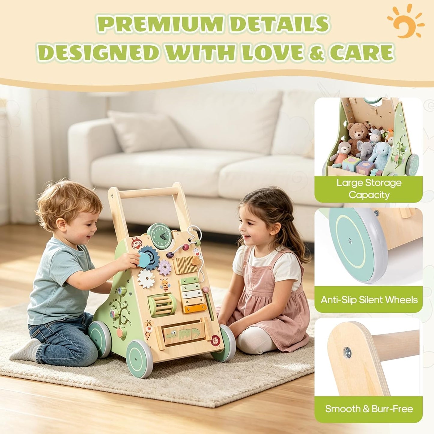 Chariot à pousser Montessori en bois – jouet 6-en-1 avec éléments de jeu
