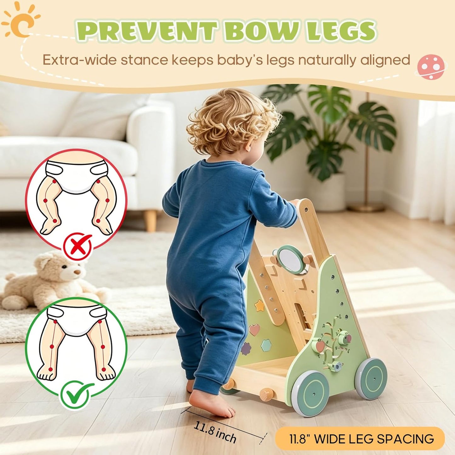 Chariot à pousser Montessori en bois – jouet 6-en-1 avec éléments de jeu