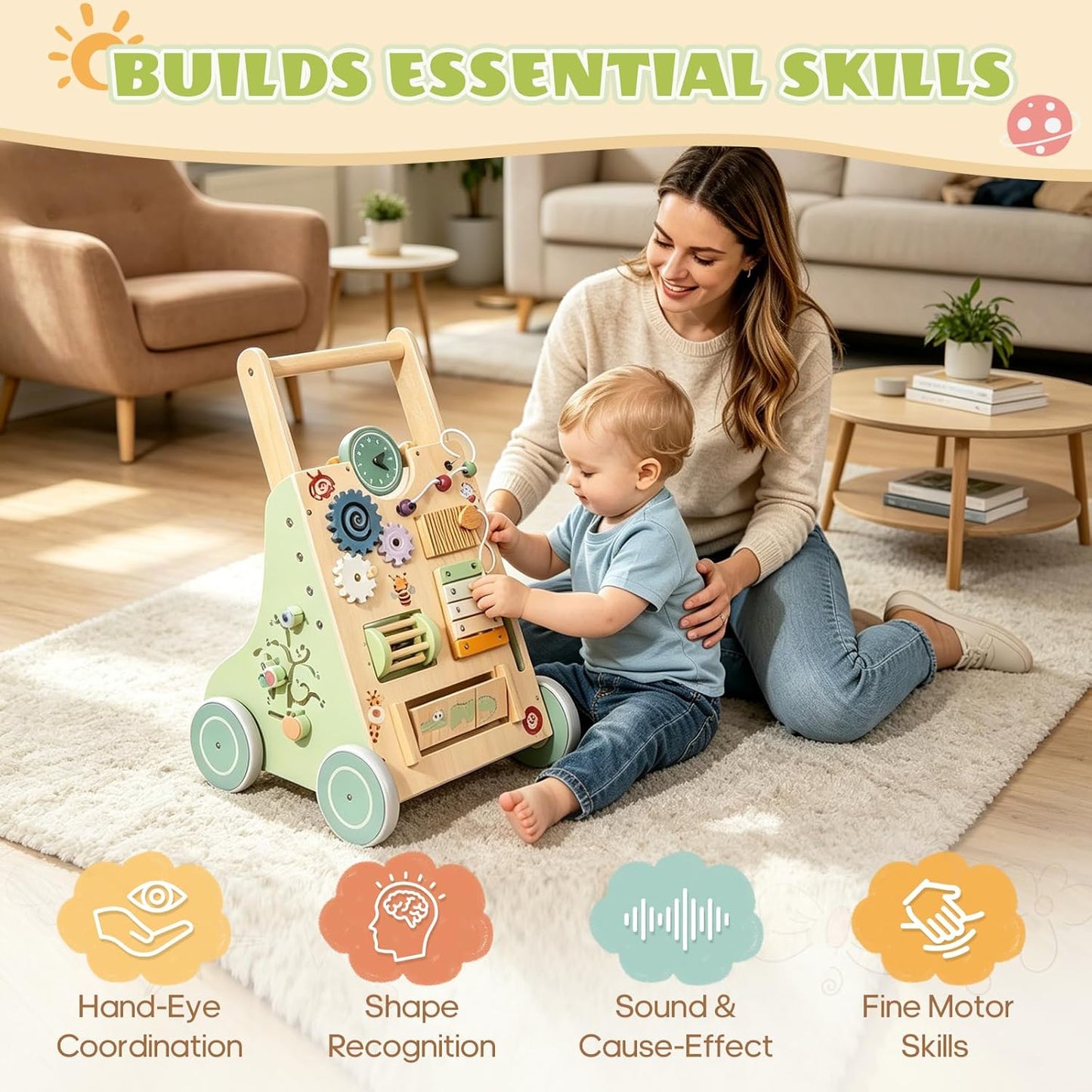 Chariot à pousser Montessori en bois – jouet 6-en-1 avec éléments de jeu
