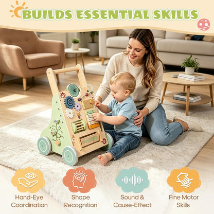 Chariot à pousser Montessori en bois – jouet 6-en-1 avec éléments de jeu
