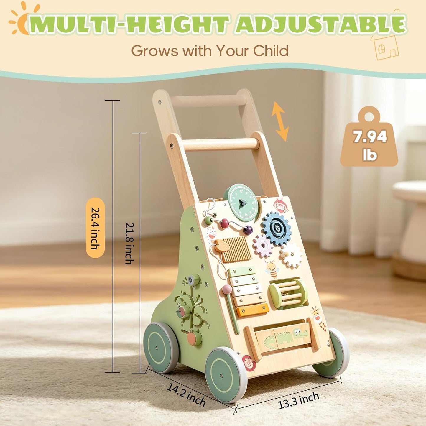 Chariot à pousser Montessori en bois – jouet 6-en-1 avec éléments de jeu