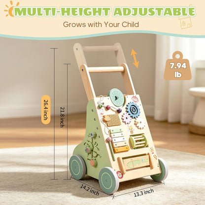 Chariot à pousser Montessori en bois – jouet 6-en-1 avec éléments de jeu