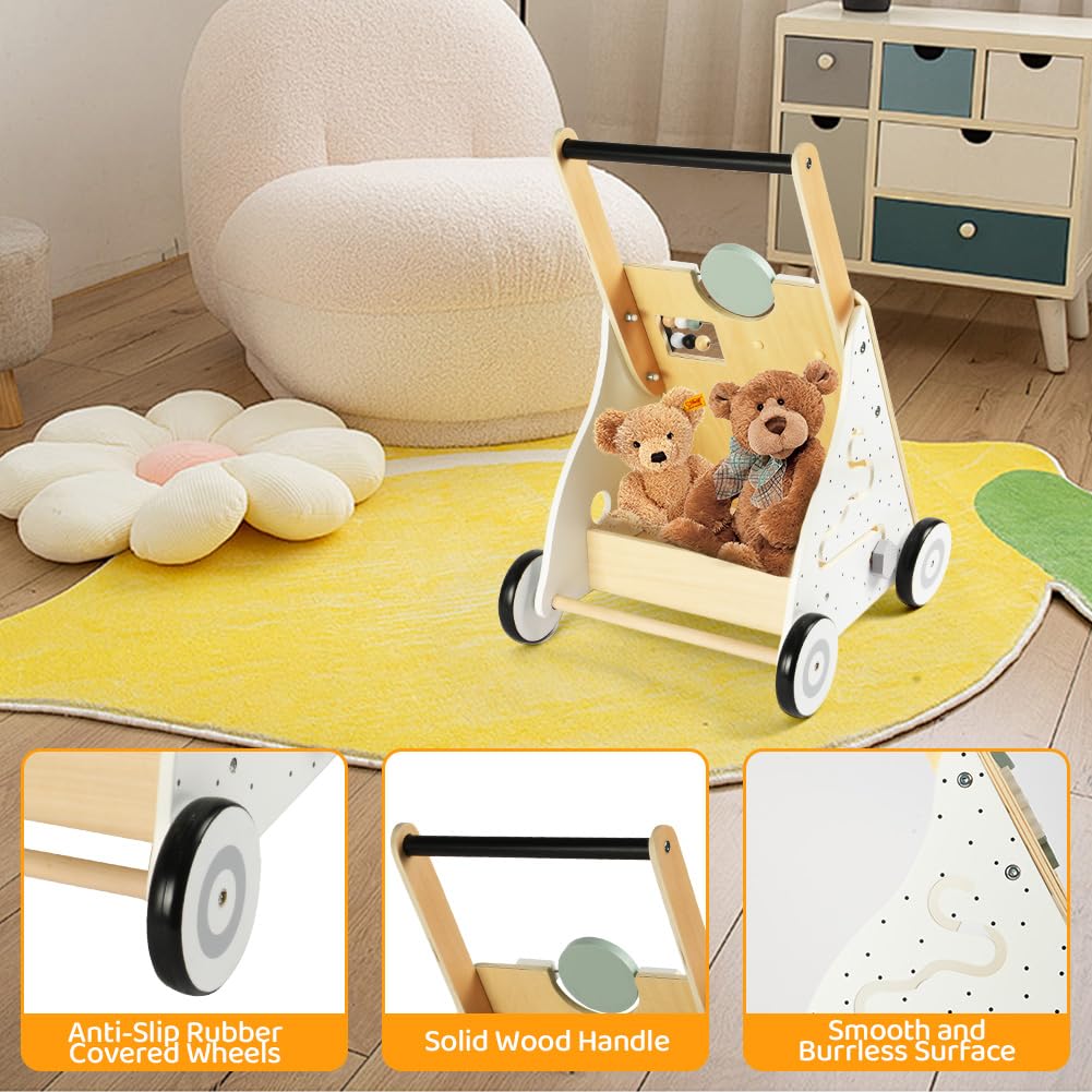 Montessori Lauflernwagen Holz Baby Motorikwagen mit Spiegel und Stauraum
