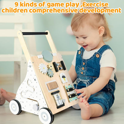 Montessori Lauflernwagen Holz Baby Motorikwagen mit Spiegel und Stauraum