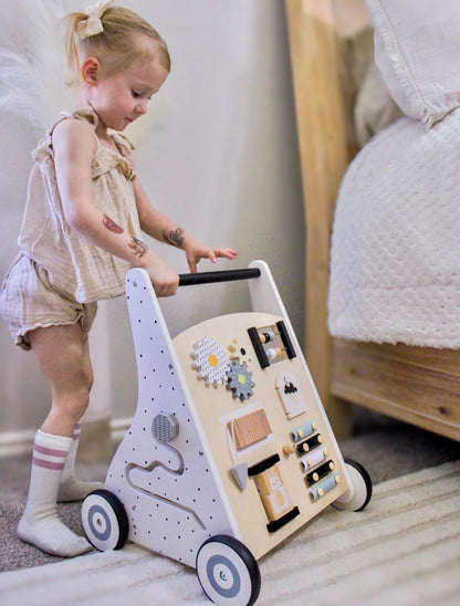 Montessori Lauflernwagen Holz Baby Motorikwagen mit Spiegel und Stauraum