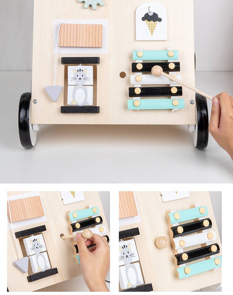 Montessori Lauflernwagen Holz Baby Motorikwagen mit Spiegel und Stauraum