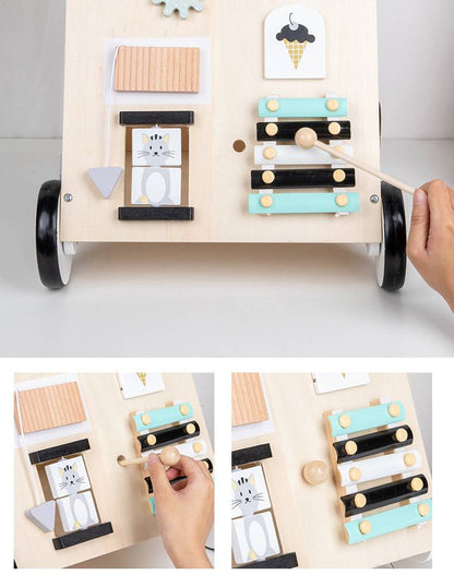 Montessori Lauflernwagen Holz Baby Motorikwagen mit Spiegel und Stauraum