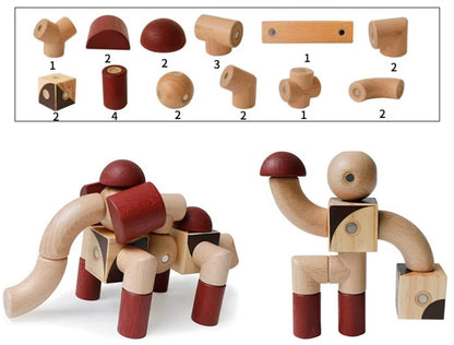 MontessoriLernwelt Magnetische Holzbausteine 24-teilig – Kreatives Konstruktionsspielzeug zum Bauen von Tieren und Figuren