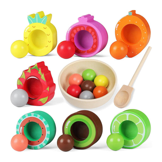Früchte-Sortierspiel aus Holz – Becher, Kugeln & Löffel