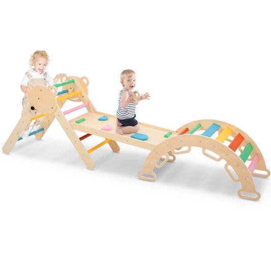 Pikler Kletterdreieck 3 in 1 aus Holz mit Bärendesign und Rutsche