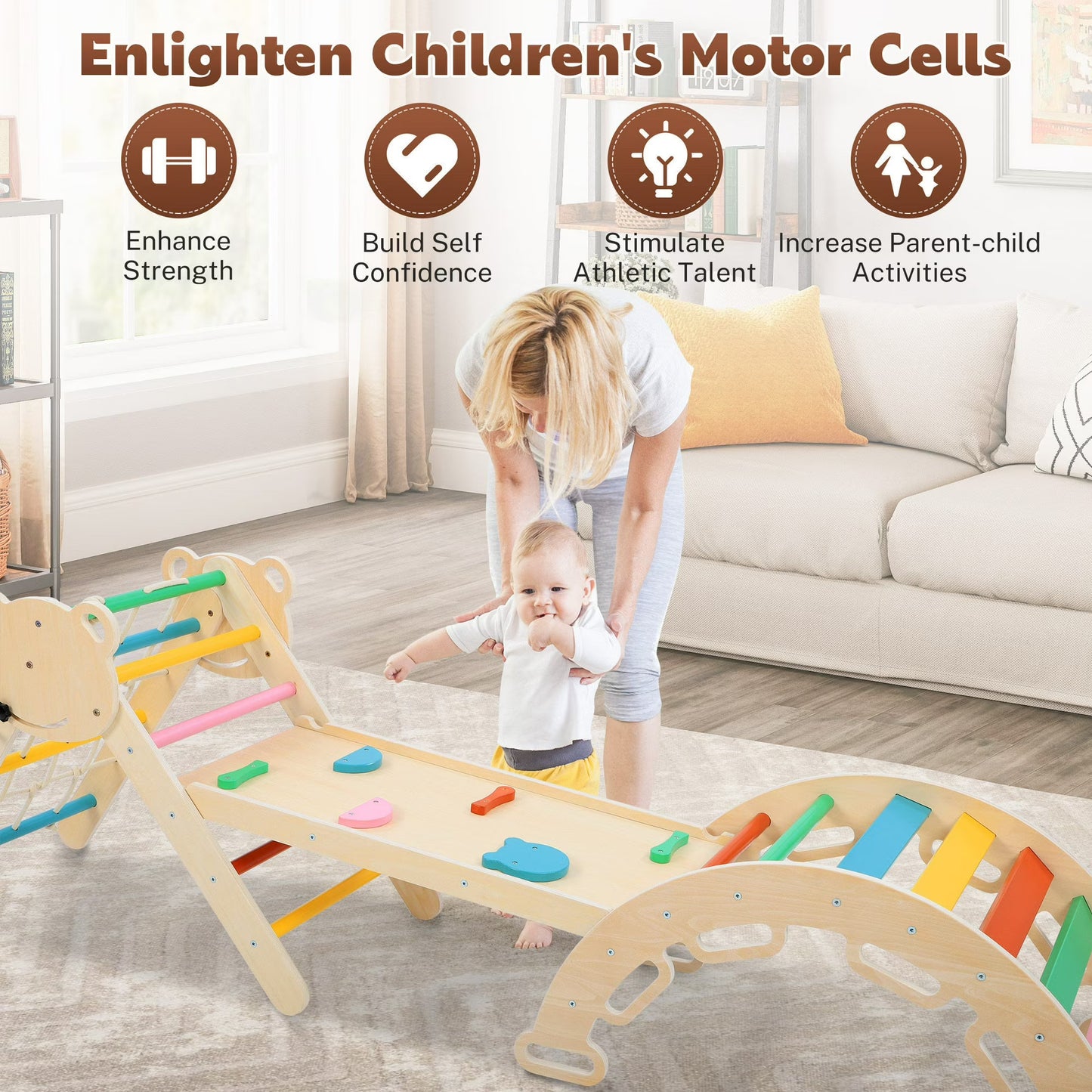 Kinder spielen mit einem Pikler Kletterdreieck im Zuhause