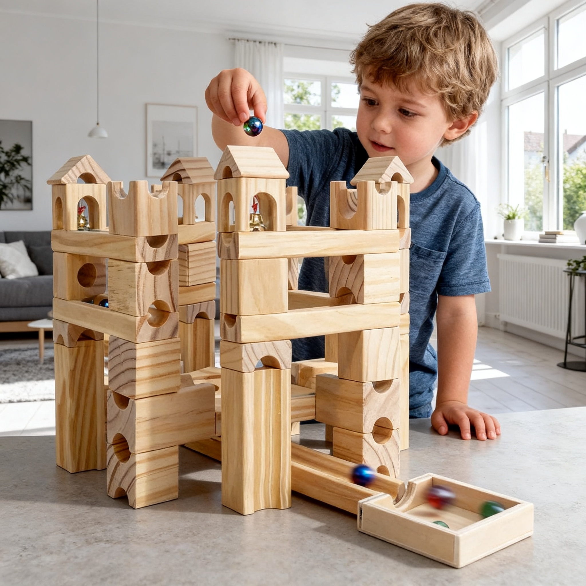 Montessori Murmelbahn mit 80 Teilen als Holzspielzeug für Kinder