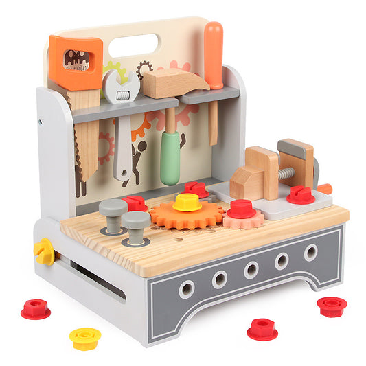 Kleine Schraub-Werkbank aus Holz in Grau für Kinder mit Werkzeug und Schrauben