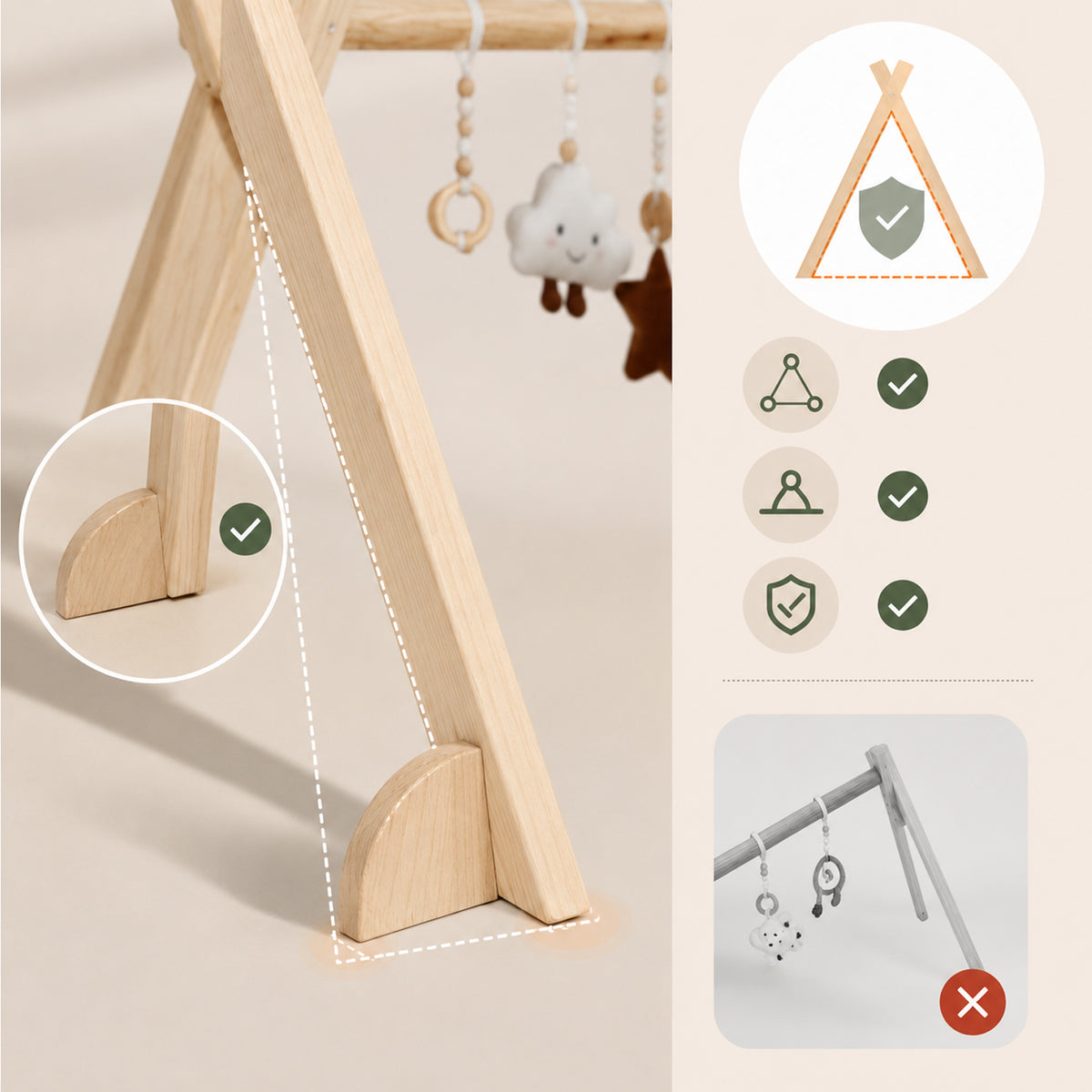 Stabile A-Rahmen-Konstruktion eines sicheren Baby Gyms aus Holz