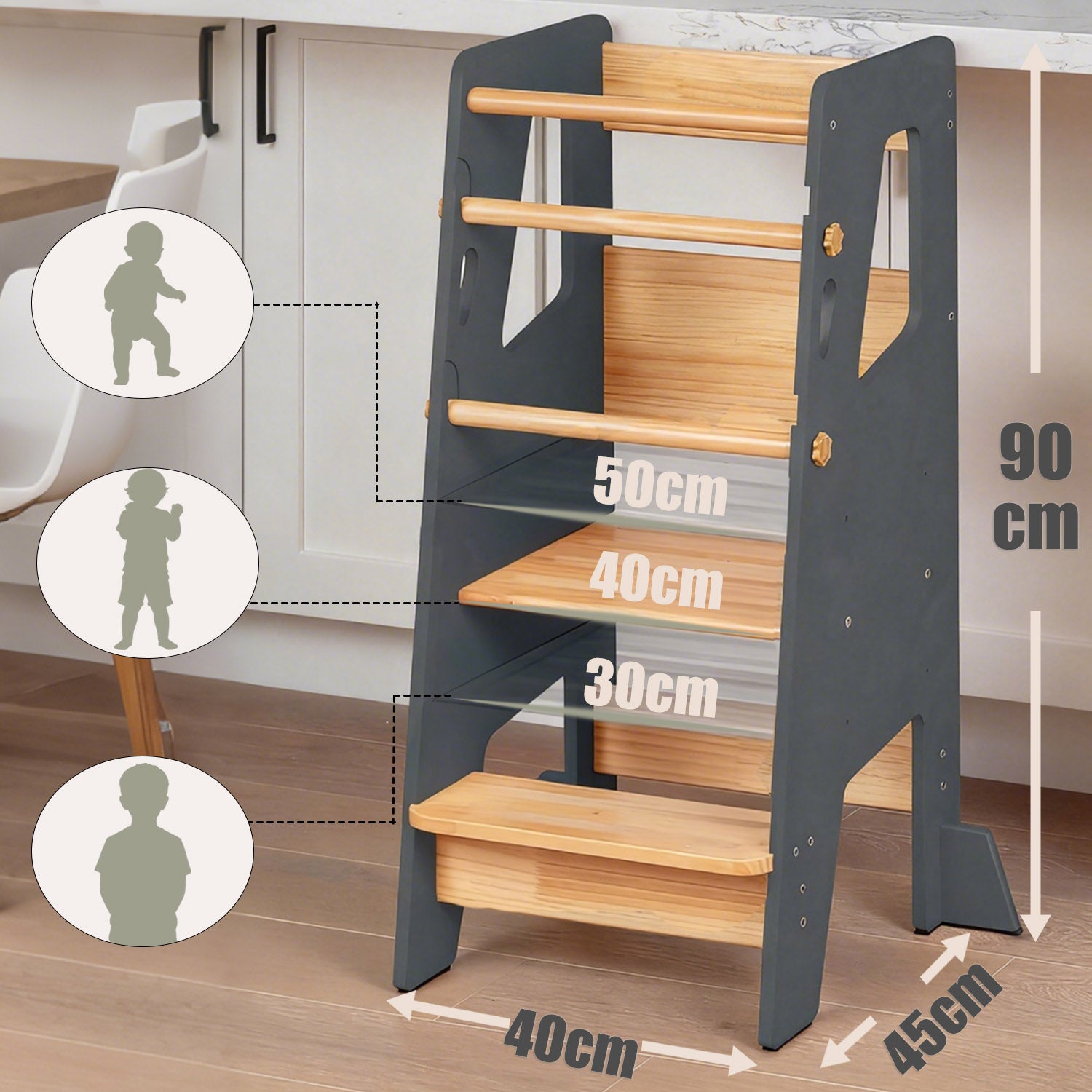Toddler learning tower with adjustable platform that grows with your child