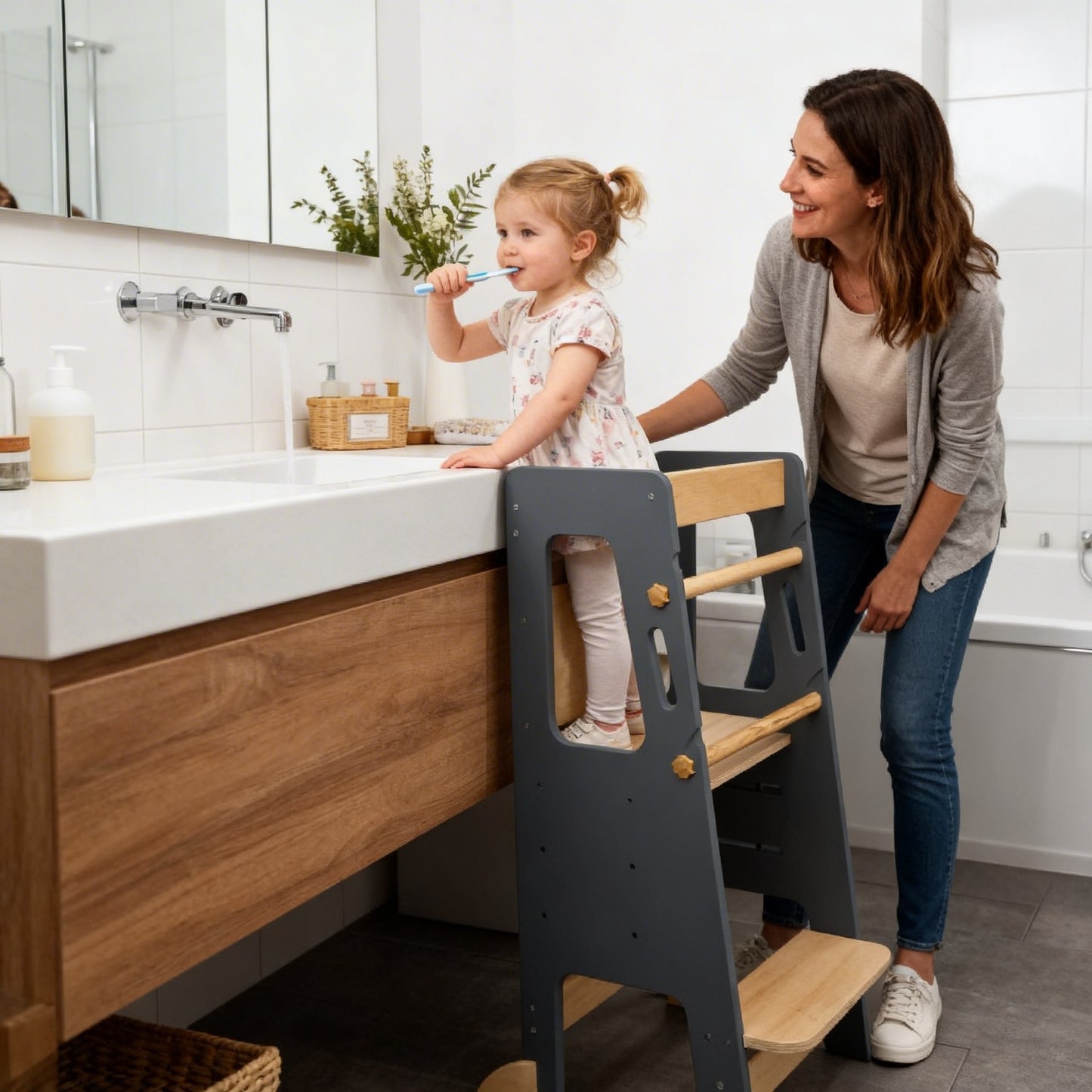 Toddler step stool with safety rails for secure kitchen and bathroom use