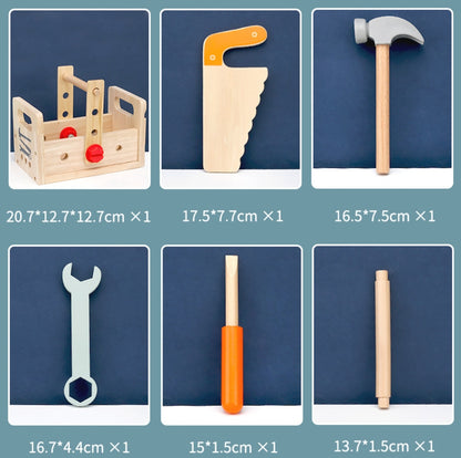 Ein Kind spielt mit einer tragbaren Holz-Schrauben-Reparaturbox, ideal für die Entwicklung von feinmotorischen Fähigkeiten und frühe Bildung.