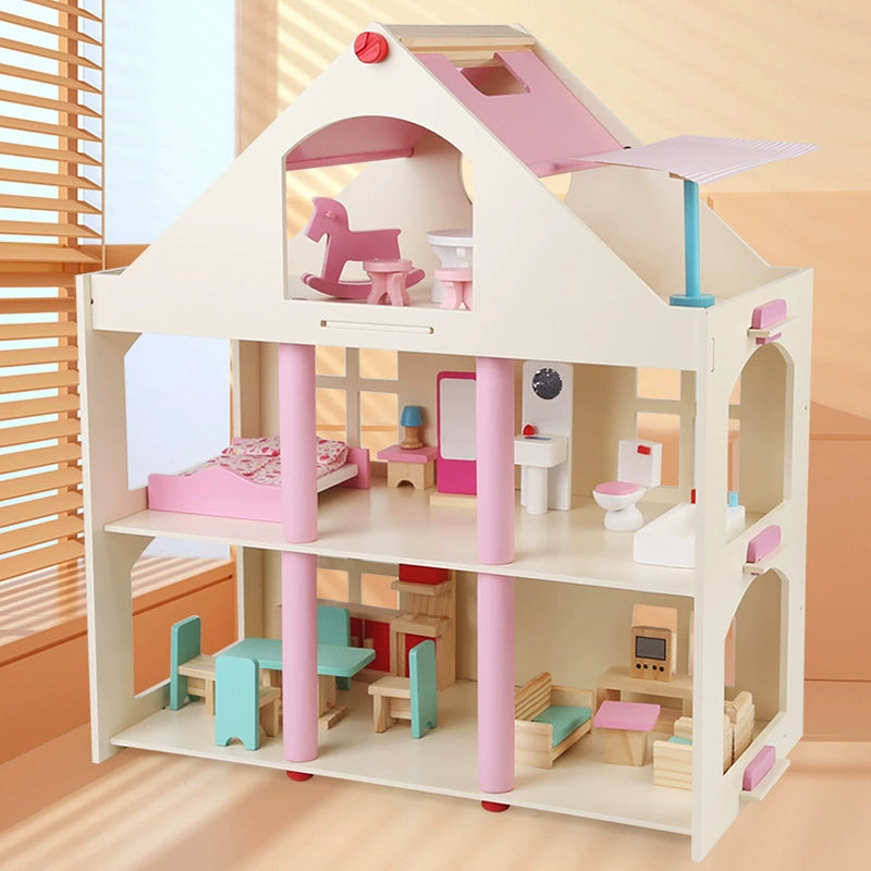 Montessori Puppenhaus aus Holz 3 Etagen groß mit Möbeln