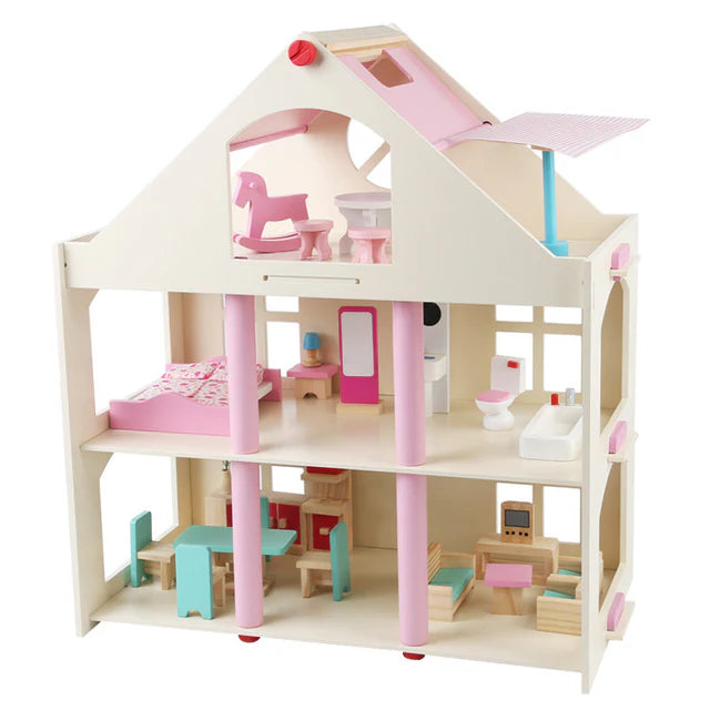 Montessori Puppenhaus aus Holz – 3 Etagen Villa mit Möbeln (Großformat)
