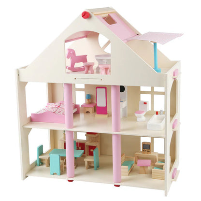 Montessori Puppenhaus aus Holz – 3 Etagen Villa mit Möbeln (Großformat)