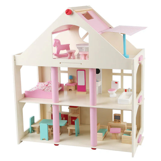Montessori Puppenhaus aus Holz – 3 Etagen Villa mit Möbeln (Großformat)
