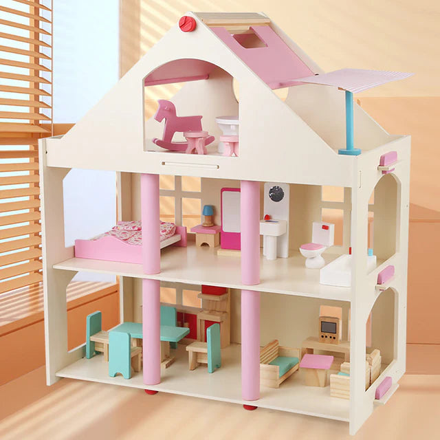 Montessori Puppenhaus aus Holz – 3 Etagen Villa mit Möbeln (Großformat)
