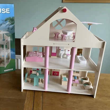 Montessori Puppenhaus aus Holz – 3 Etagen Villa mit Möbeln (Großformat)