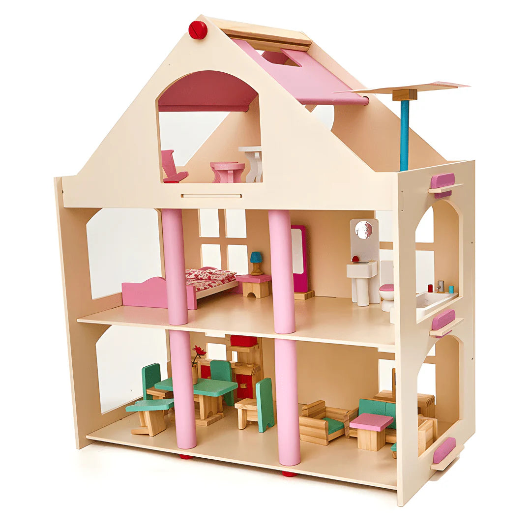 Montessori Puppenhaus aus Holz – 3 Etagen Villa mit Möbeln (Großformat)