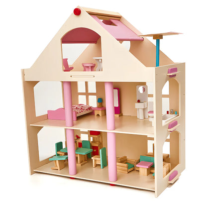 Montessori Puppenhaus aus Holz – 3 Etagen Villa mit Möbeln (Großformat)