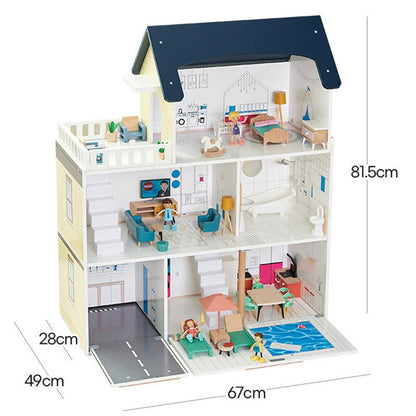 Montessori Puppenhaus aus Holz 3 Etagen groß mit Garage und Möbeln