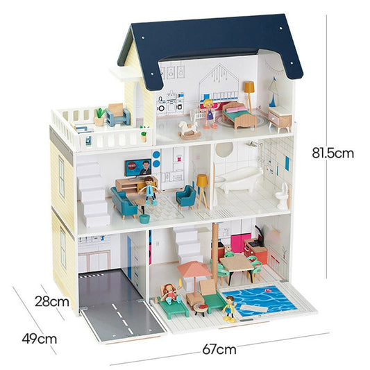 Montessori Puppenhaus aus Holz 3 Etagen groß mit Garage und Möbeln