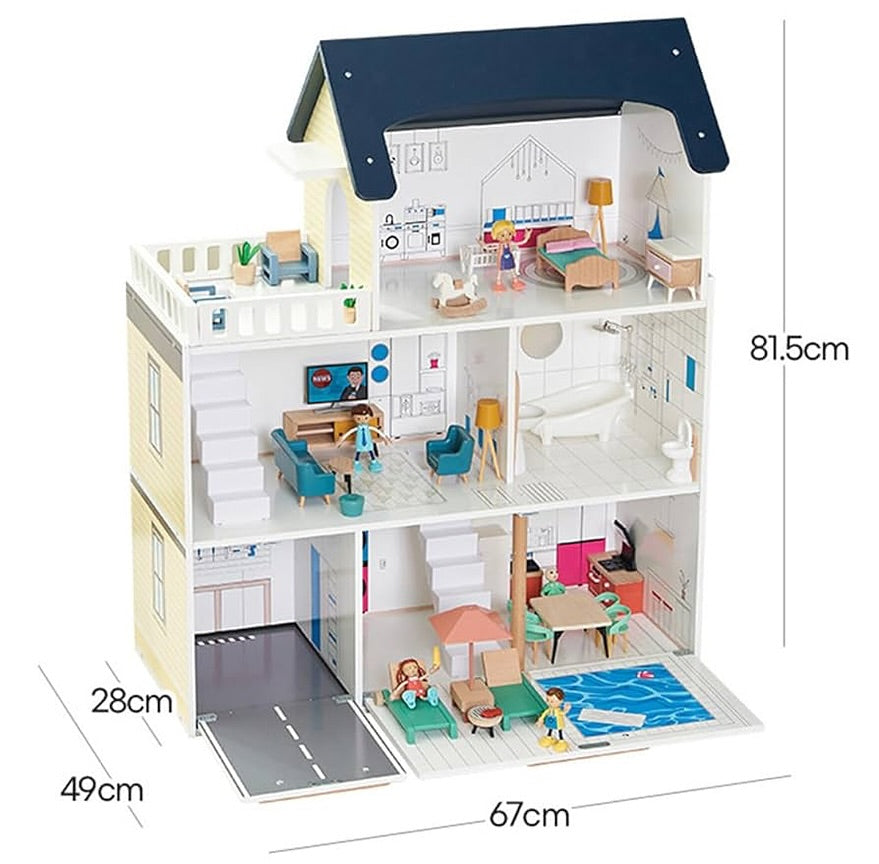 Maison de poupées Montessori en bois – villa à 3 étages avec garage et meubles (XXL)