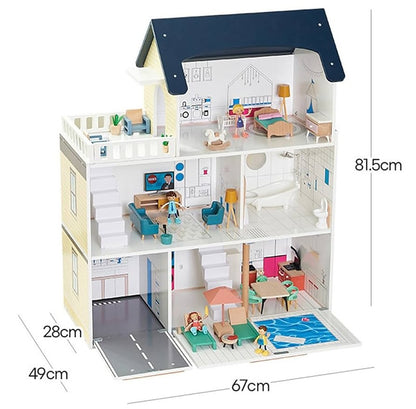 Maison de poupées Montessori en bois – villa à 3 étages avec garage et meubles (XXL)