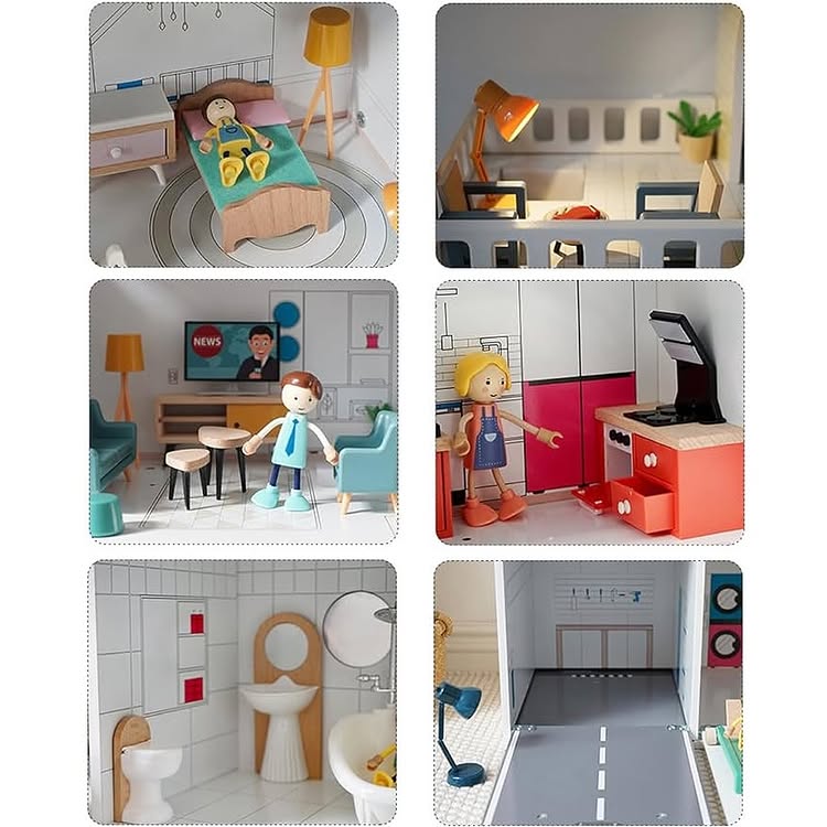 Maison de poupées Montessori en bois – villa à 3 étages avec garage et meubles (XXL)