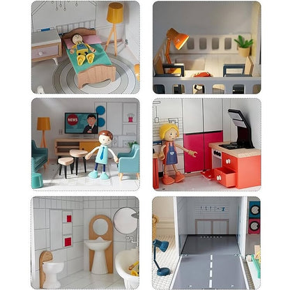 Maison de poupées Montessori en bois – villa à 3 étages avec garage et meubles (XXL)