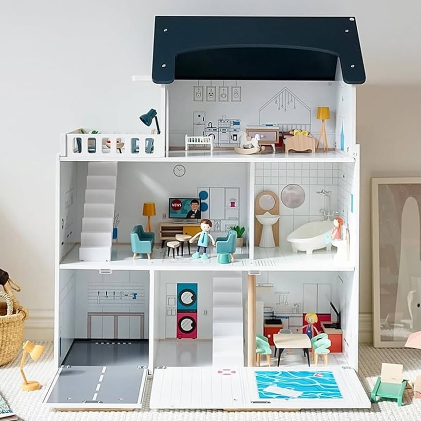 Maison de poupées Montessori en bois – villa à 3 étages avec garage et meubles (XXL)