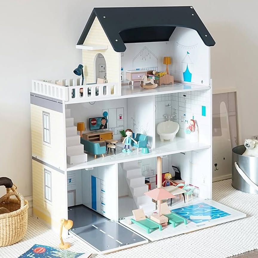 Maison de poupées Montessori en bois – villa à 3 étages avec garage et meubles (XXL)