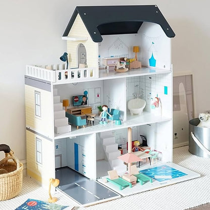 Maison de poupées Montessori en bois – villa à 3 étages avec garage et meubles (XXL)