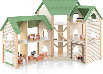 Montessori Puppenhaus aus Holz – Erweiterbare Spielvilla mit 3 Häusern & Möbeln