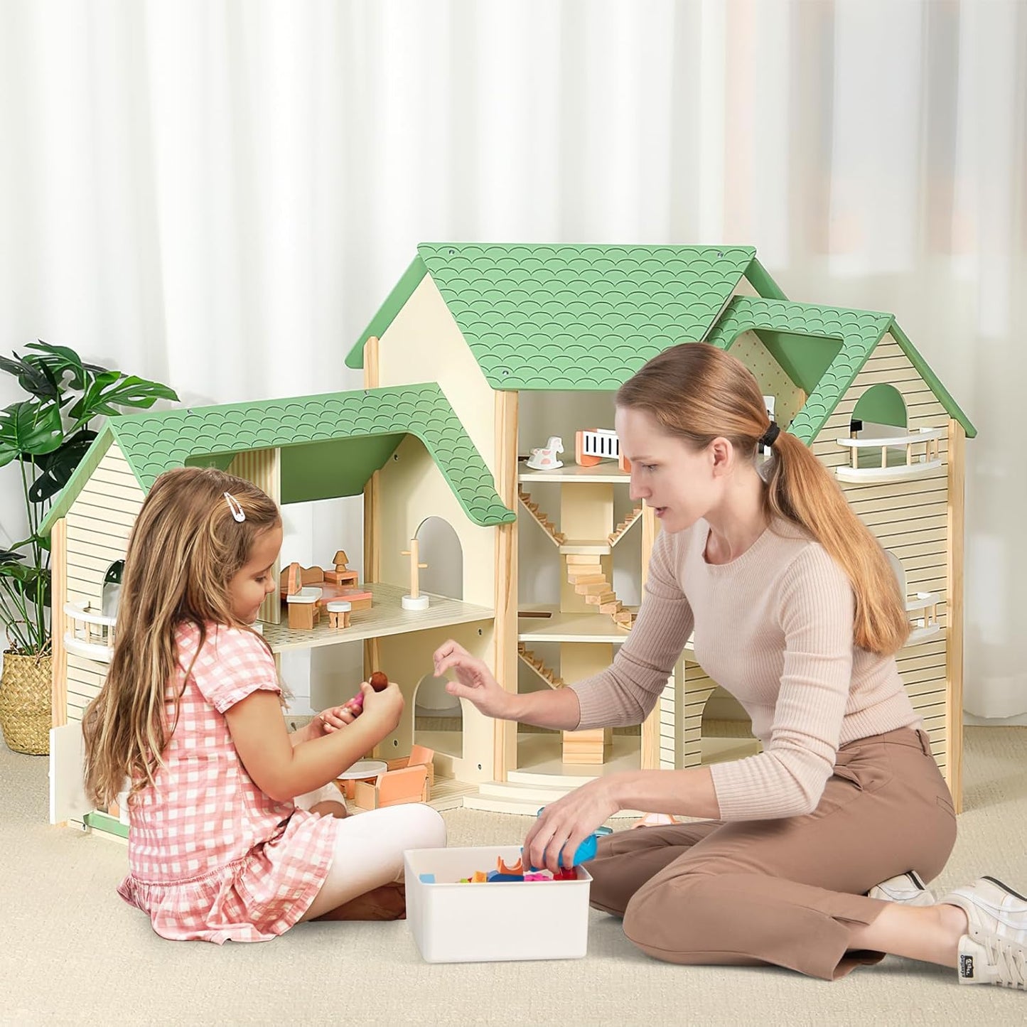 Montessori Puppenhaus aus Holz – Erweiterbare Spielvilla mit 3 Häusern & Möbeln