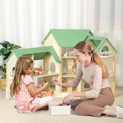 Montessori Puppenhaus aus Holz – Erweiterbare Spielvilla mit 3 Häusern & Möbeln