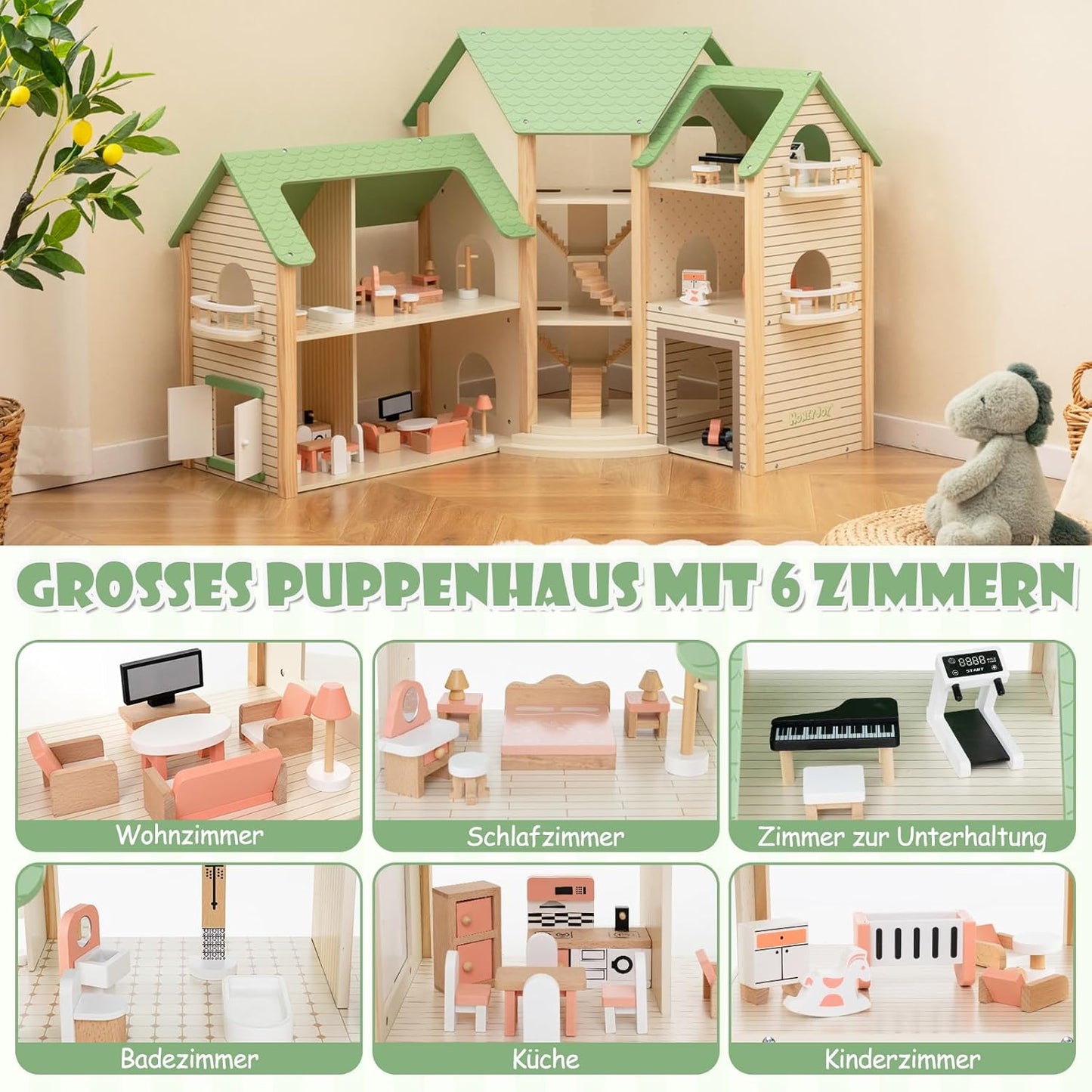 Montessori Puppenhaus aus Holz – Erweiterbare Spielvilla mit 3 Häusern & Möbeln